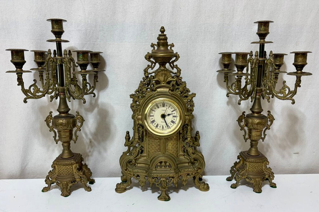 Uranio Quartz Retro Victorian Brass Mantel Clock & Candelabra Set (3Pcs)
