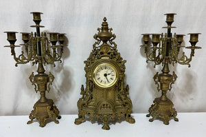 Uranio Quartz Retro Victorian Brass Mantel Clock & Candelabra Set (3Pcs)