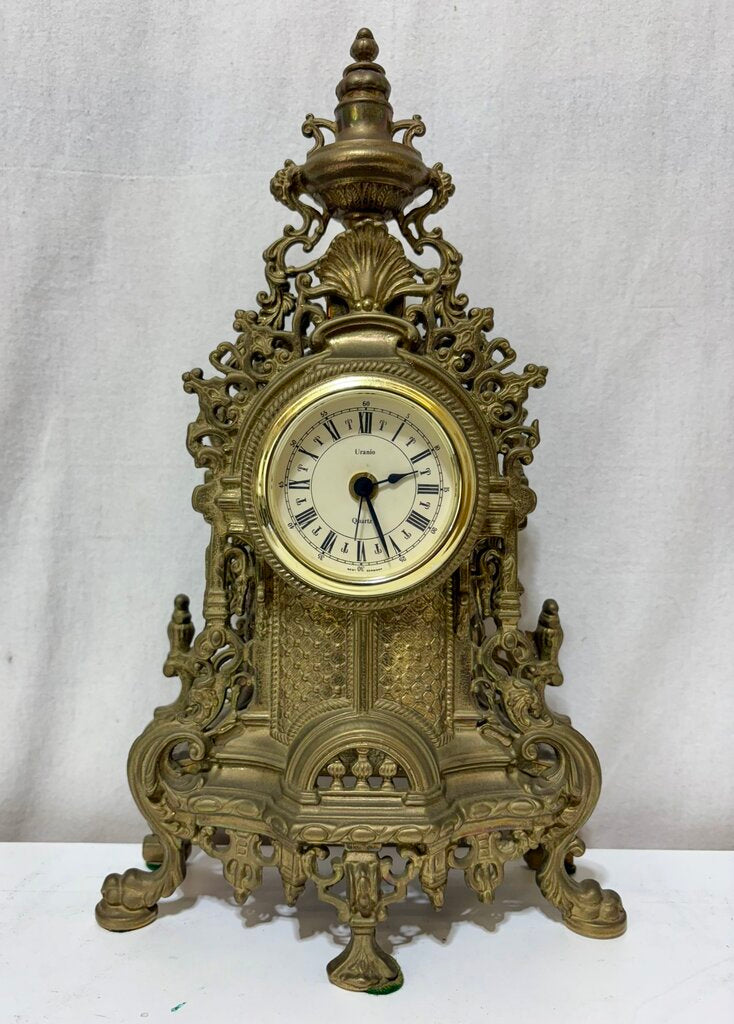 Uranio Quartz Retro Victorian Brass Mantel Clock & Candelabra Set (3Pcs)
