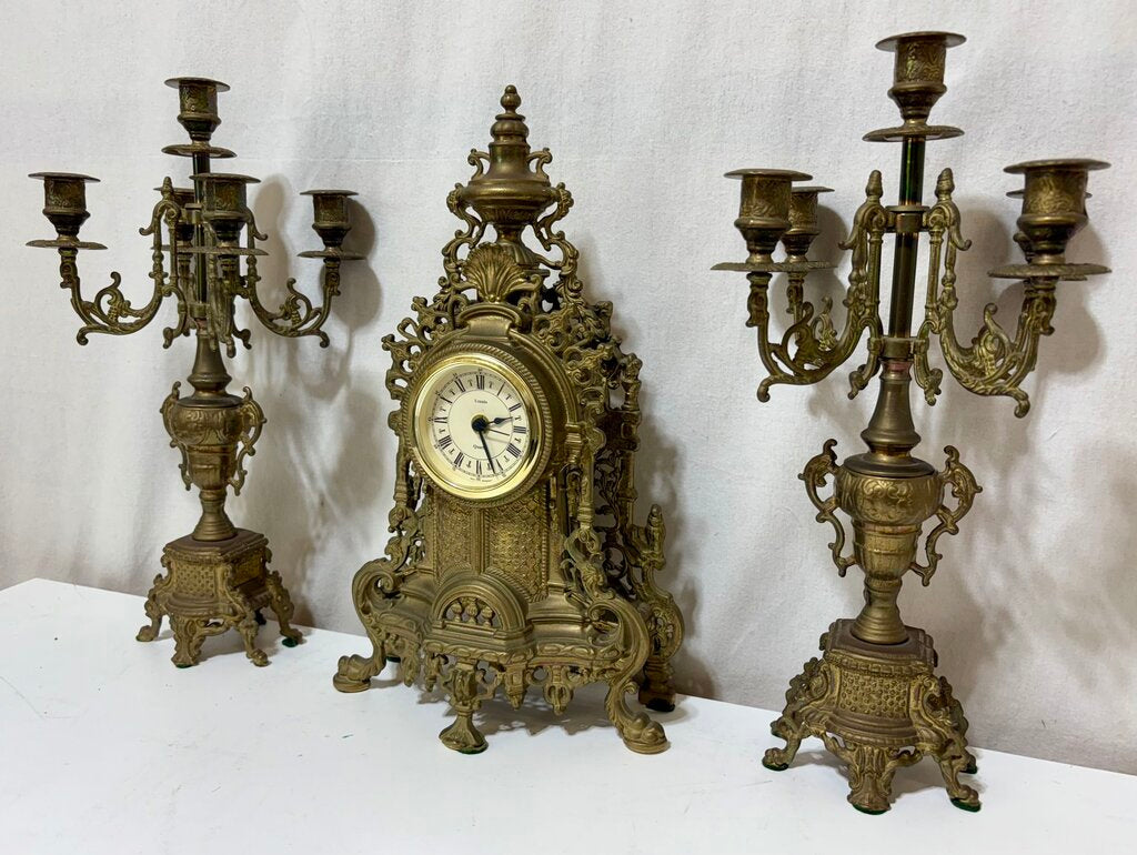 Uranio Quartz Retro Victorian Brass Mantel Clock & Candelabra Set (3Pcs)