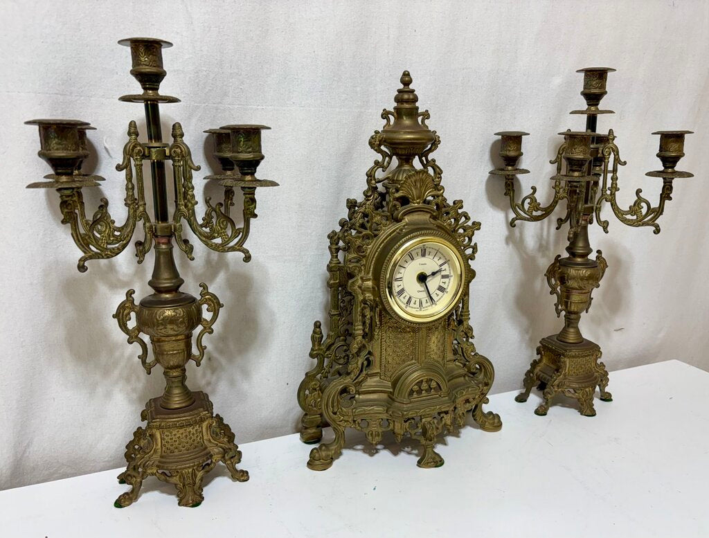 Uranio Quartz Retro Victorian Brass Mantel Clock & Candelabra Set (3Pcs)