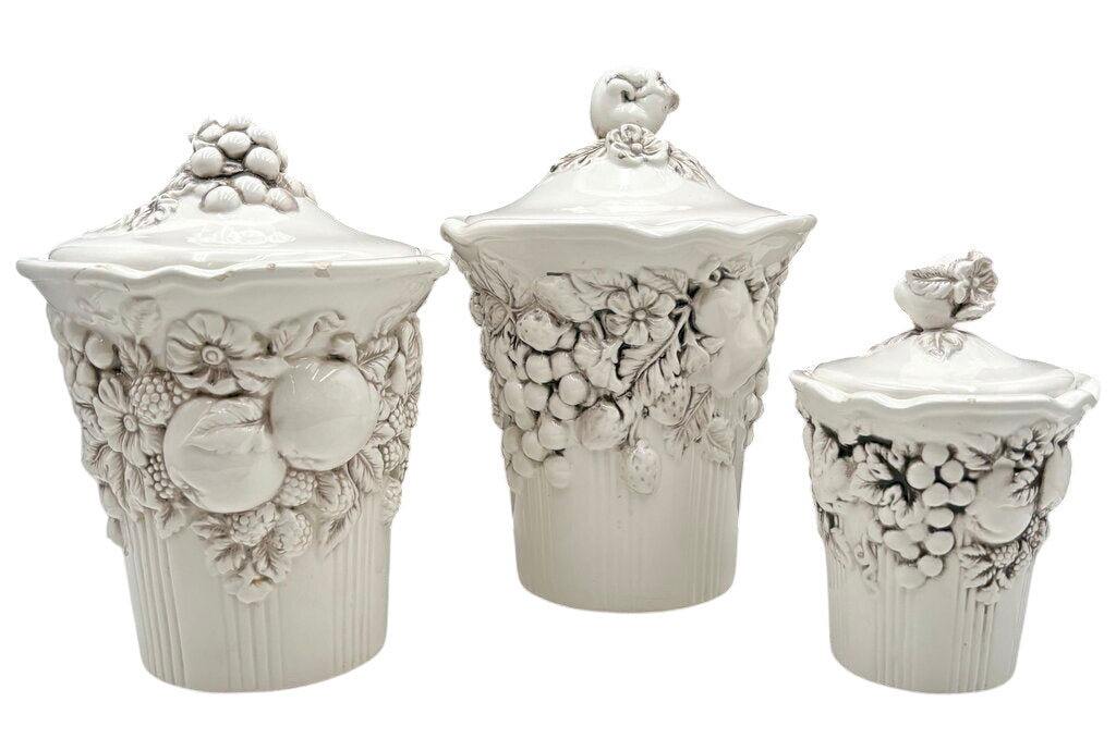 Bella Casa by Ganz White Porcelain Lidded Fruit Motif Jar Set (6Pcs) by Miss Daisy's Consignment & Auction House