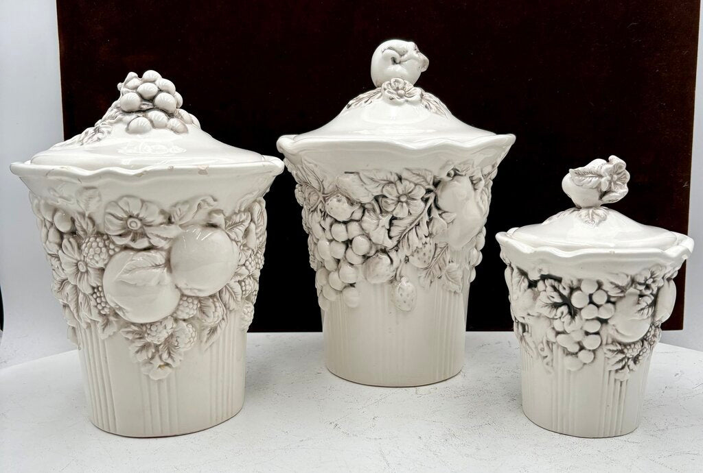 Bella Casa by Ganz White Porcelain Lidded Fruit Motif Jar Set (6Pcs)