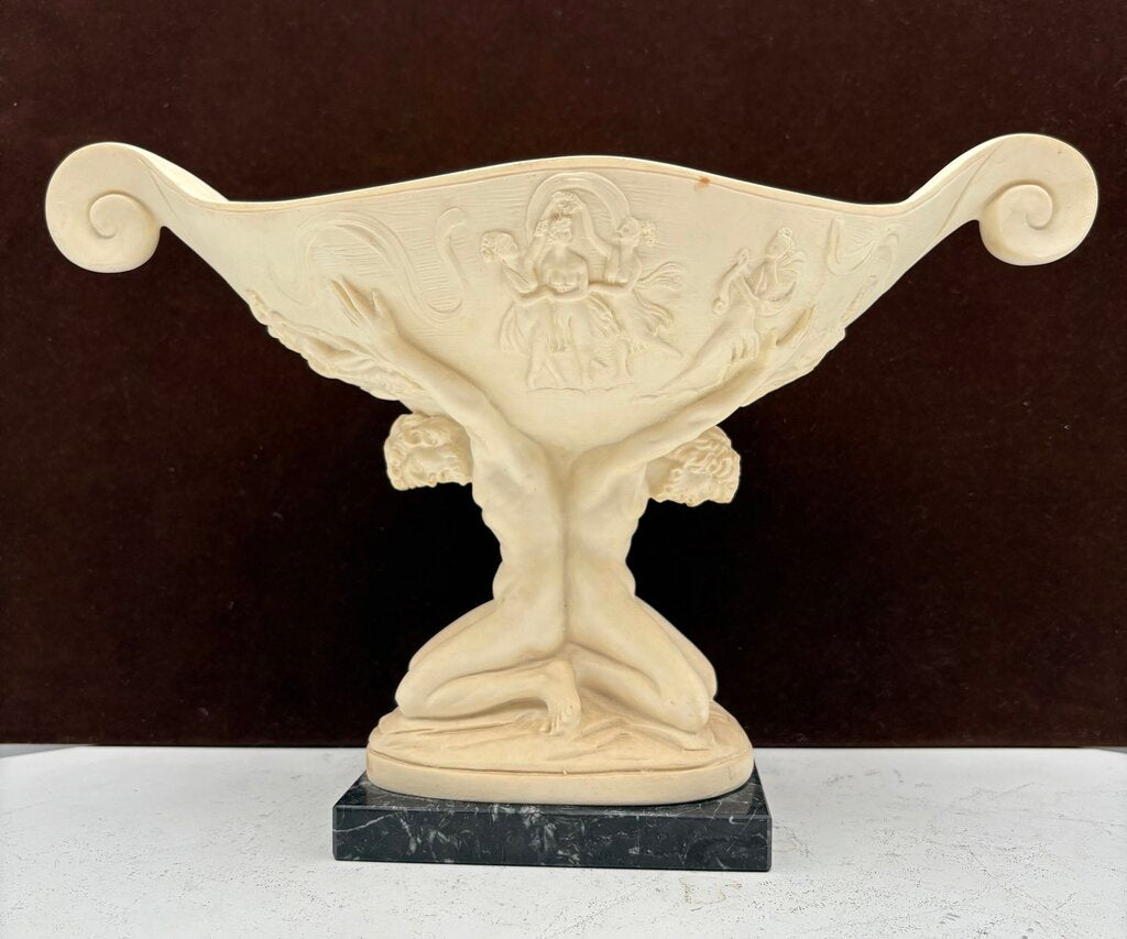Vintage A. Santini Pedestal Compote Bowl "Held by Atlas Men" Plaster Sculpture on Black Marble Base 8.8"