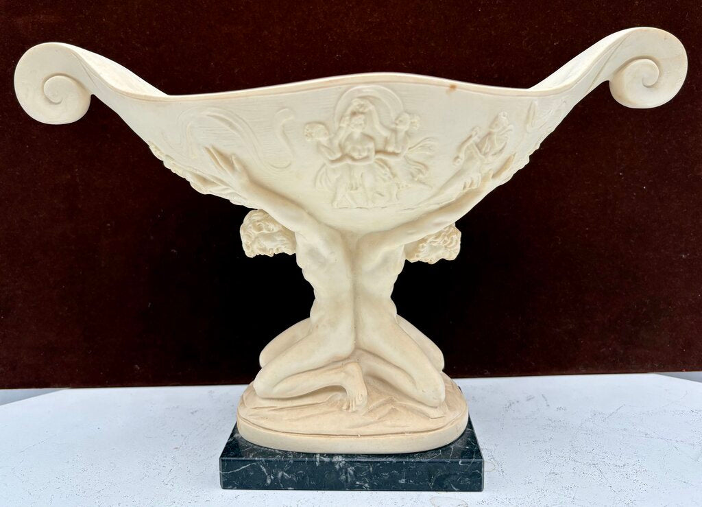 Vintage A. Santini Pedestal Compote Bowl "Held by Atlas Men" Plaster Sculpture on Black Marble Base 8.8"
