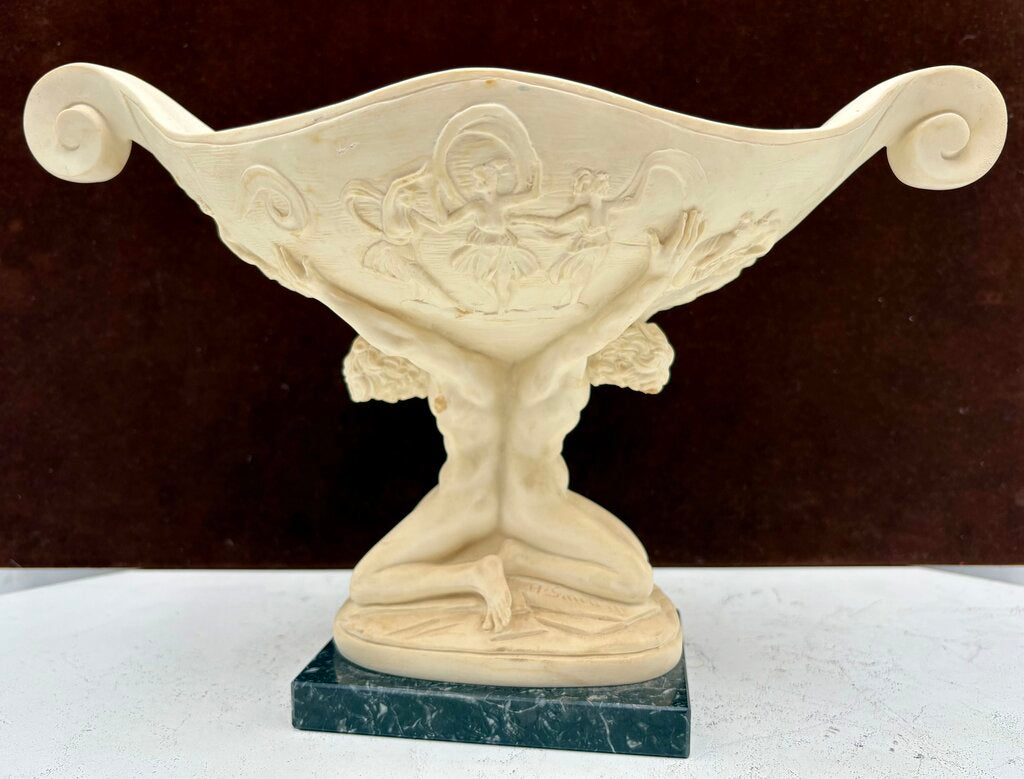 Vintage A. Santini Pedestal Compote Bowl "Held by Atlas Men" Plaster Sculpture on Black Marble Base 8.8"