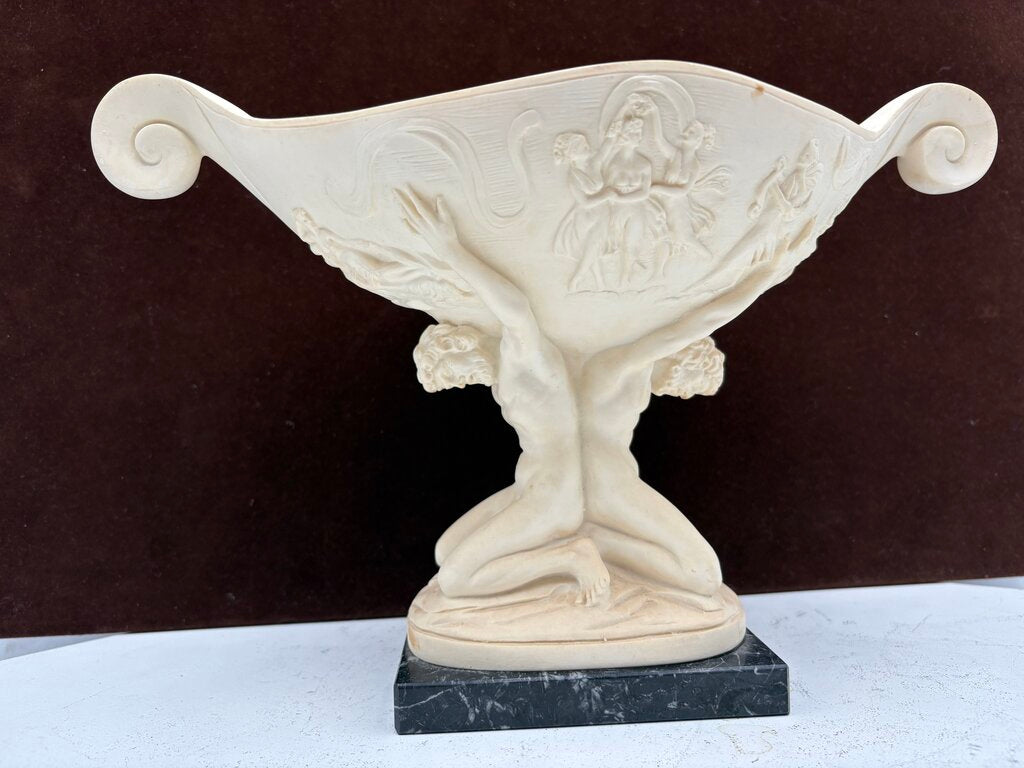 Vintage A. Santini Pedestal Compote Bowl "Held by Atlas Men" Plaster Sculpture on Black Marble Base 8.8"