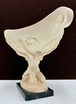Vintage A. Santini Pedestal Compote Bowl "Held by Atlas Men" Plaster Sculpture on Black Marble Base 8.8"