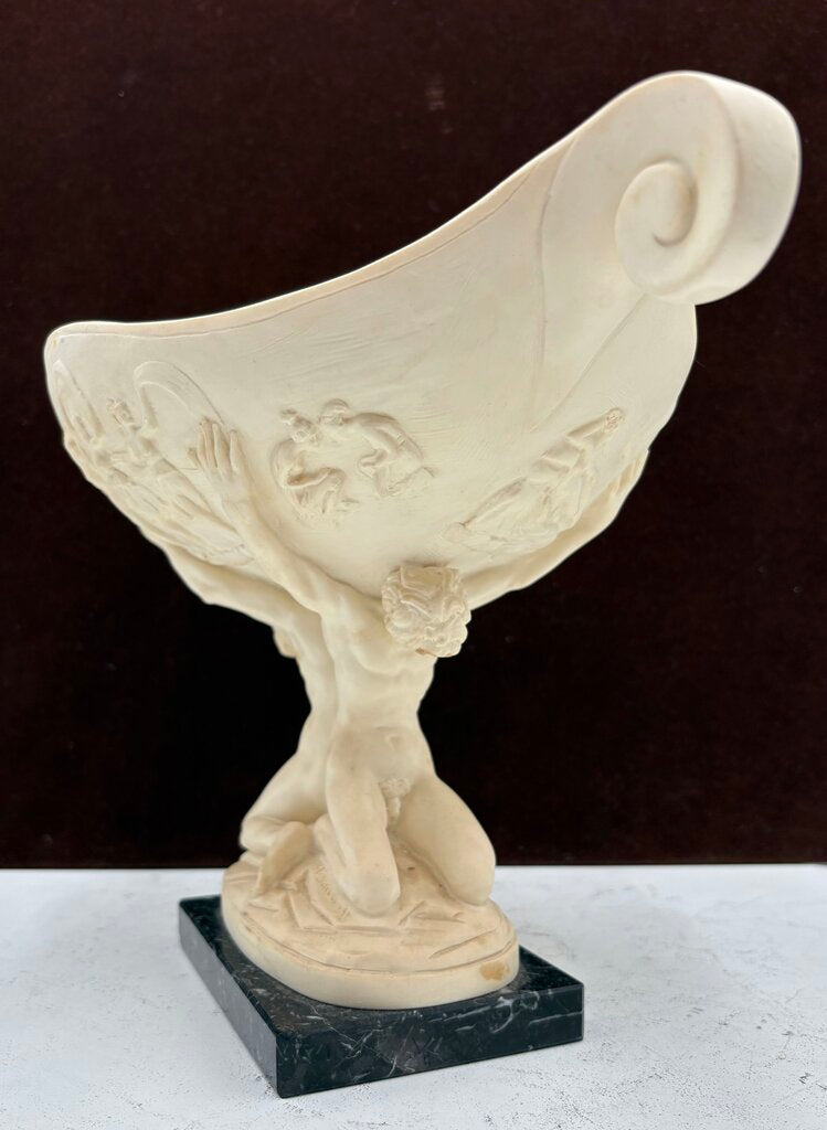Vintage A. Santini Pedestal Compote Bowl "Held by Atlas Men" Plaster Sculpture on Black Marble Base 8.8"