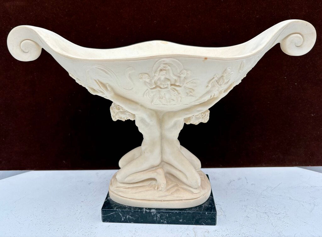 Vintage A. Santini Pedestal Compote Bowl "Held by Atlas Men" Plaster Sculpture on Black Marble Base 8.8"