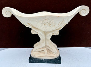 Vintage A. Santini Pedestal Compote Bowl "Held by Atlas Men" Plaster Sculpture on Black Marble Base 8.8"