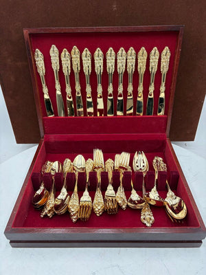 Godinger Baroque Full Gold Plated Flatware Set UNUSED in Hardwood Case (65Pcs)