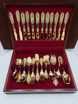 Godinger Baroque Full Gold Plated Flatware Set UNUSED in Hardwood Case (65Pcs)