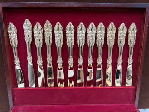 Godinger Baroque Full Gold Plated Flatware Set UNUSED in Hardwood Case (65Pcs)