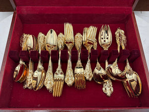 Godinger Baroque Full Gold Plated Flatware Set UNUSED in Hardwood Case (65Pcs)
