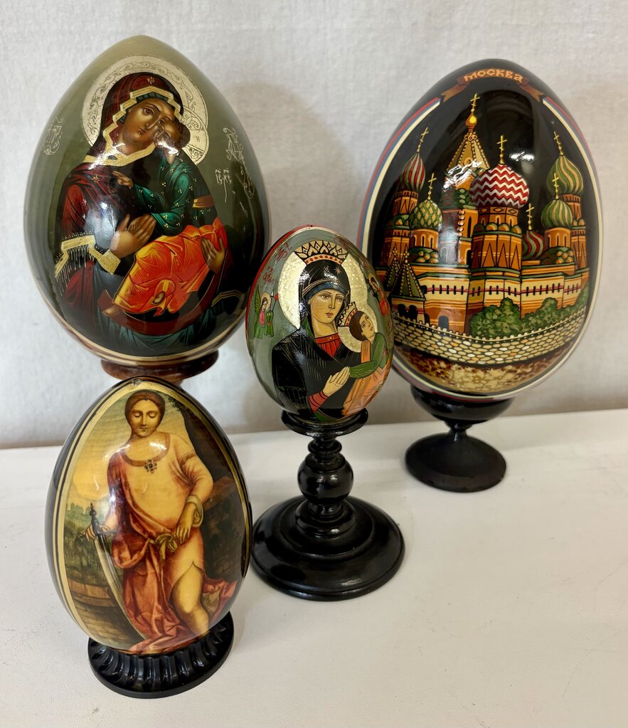 Russian Painted Wooden Icon Eggs w/ Stands (8Pcs)