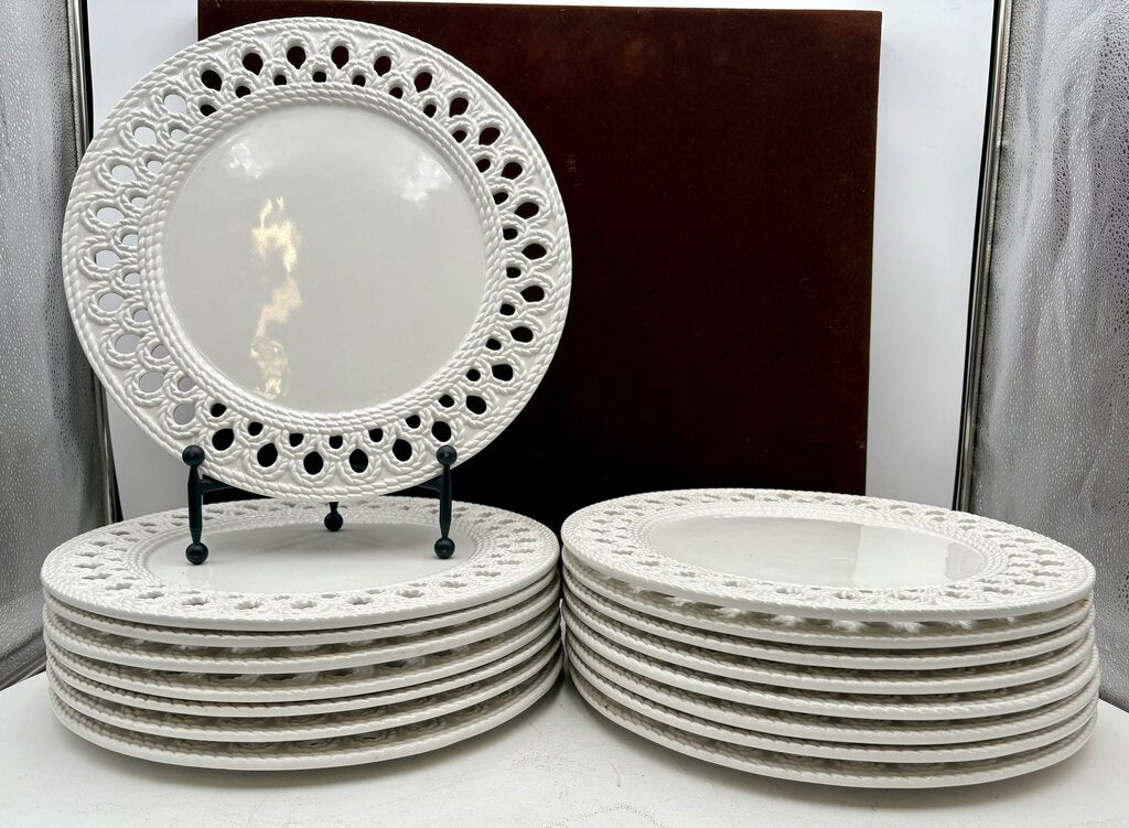 Ceramica Stefani Italy White Embossed Pierced Edge Charger Plates Set (8pcs)