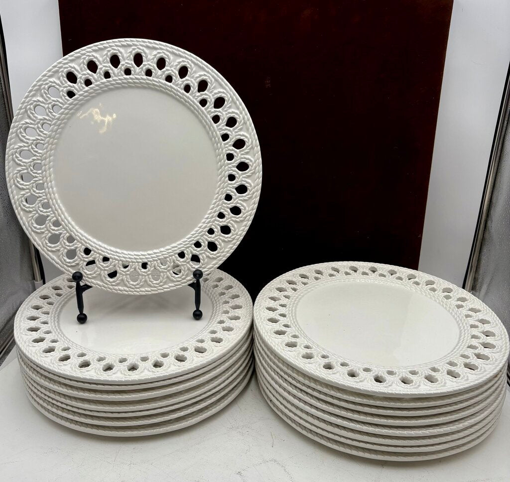 Ceramica Stefani Italy White Embossed Pierced Edge Charger Plates Set (8pcs)