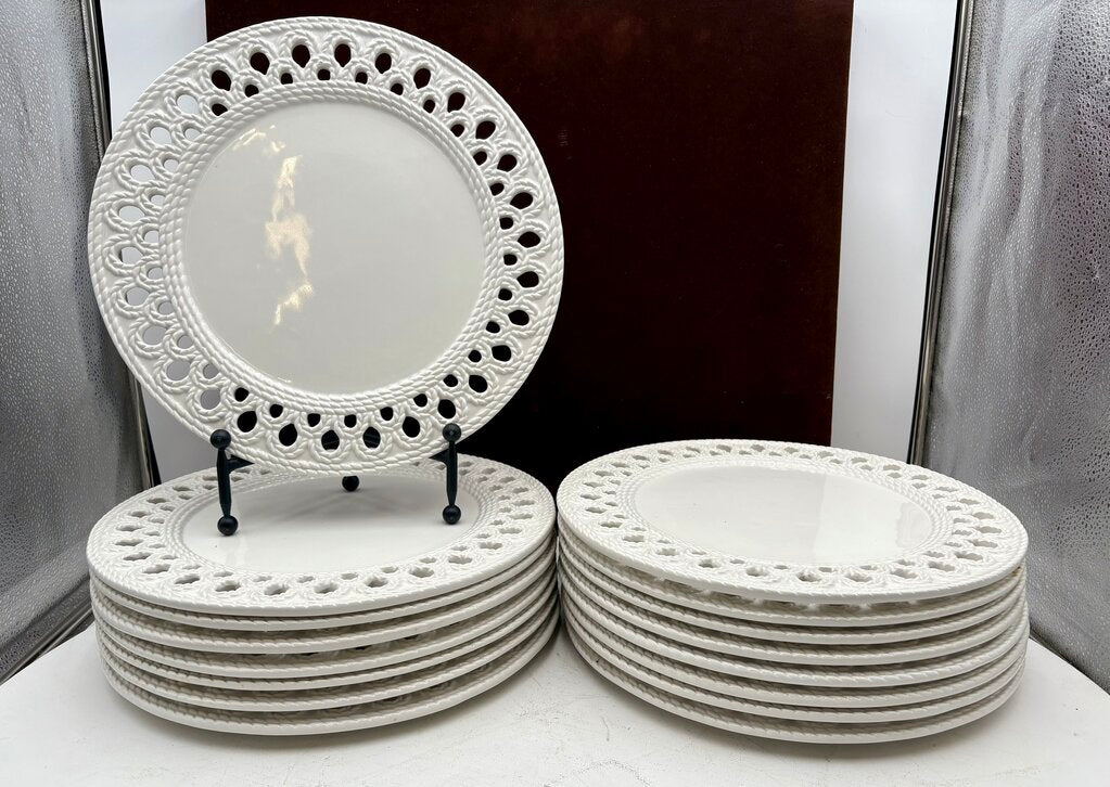 Ceramica Stefani Italy White Embossed Pierced Edge Charger Plates Set (8pcs)