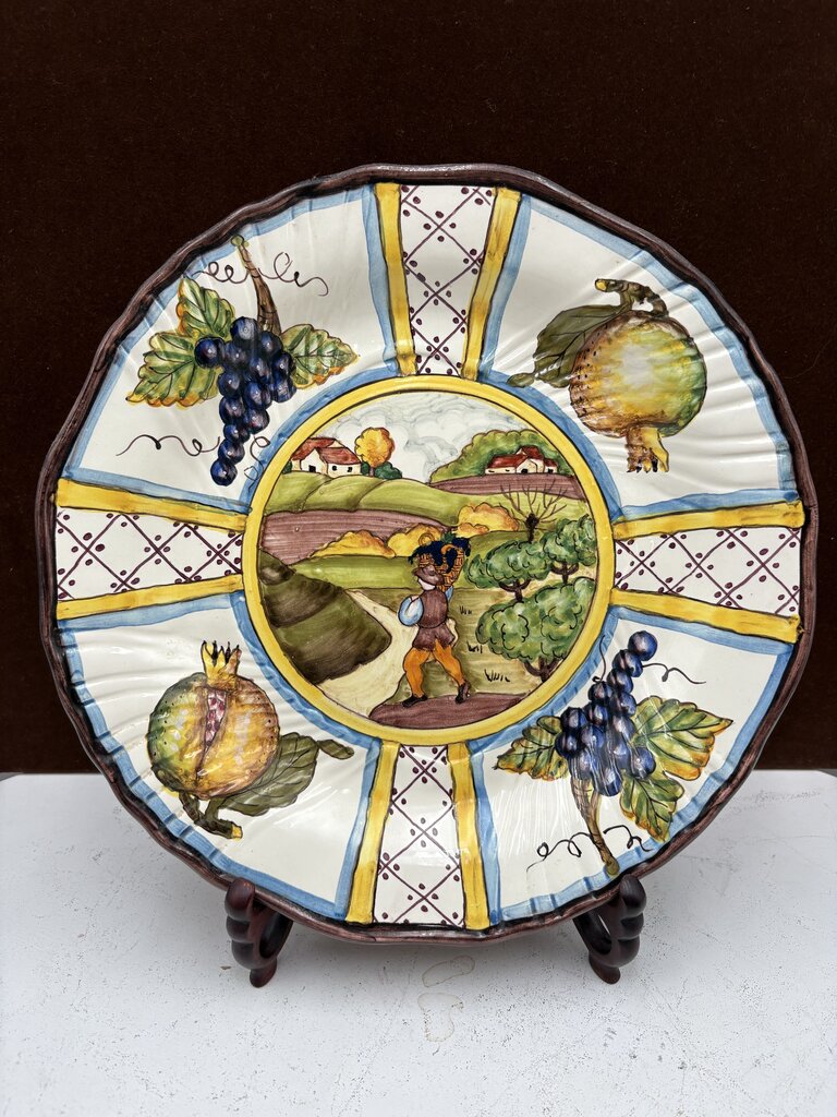 Italian Vietri sul Mare "Man Farm Scene" Decorative Wall Plate 11.6"