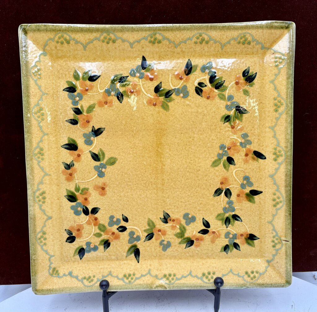 Souleo Terre E Provence Yellow Floral Pottery Square Platter 14.5"