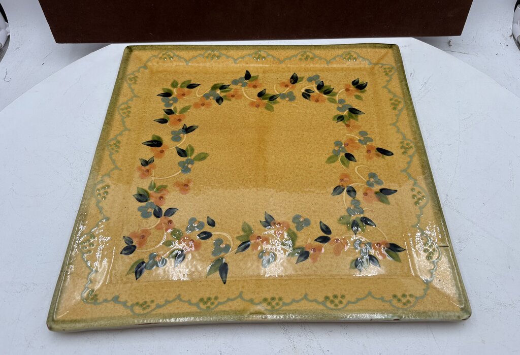 Souleo Terre E Provence Yellow Floral Pottery Square Platter 14.5"