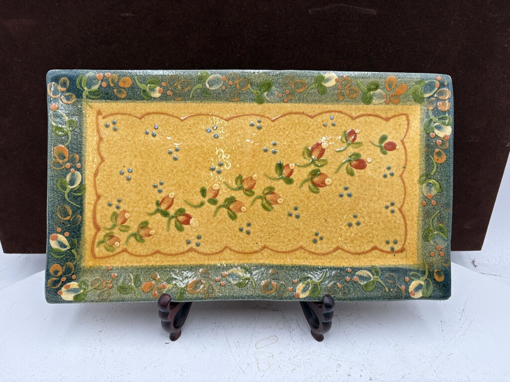 Souleo Terre E Provence Yellow Floral Green Trim Pottery Rectangular Platter 14"