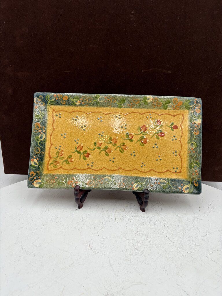 Souleo Terre E Provence Yellow Floral Green Trim Pottery Rectangular Platter 14"