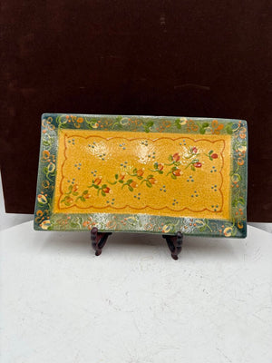 Souleo Terre E Provence Yellow Floral Green Trim Pottery Rectangular Platter 14"