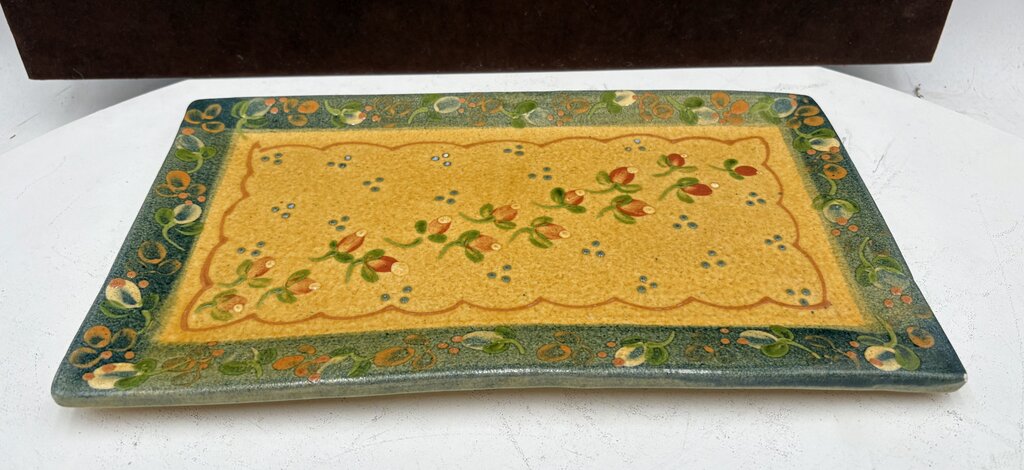 Souleo Terre E Provence Yellow Floral Green Trim Pottery Rectangular Platter 14"