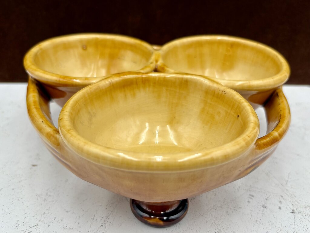 Romancing Provence France Ceramic Yellow Drip Glazed Triple Cup Sauce Condiment Caddy