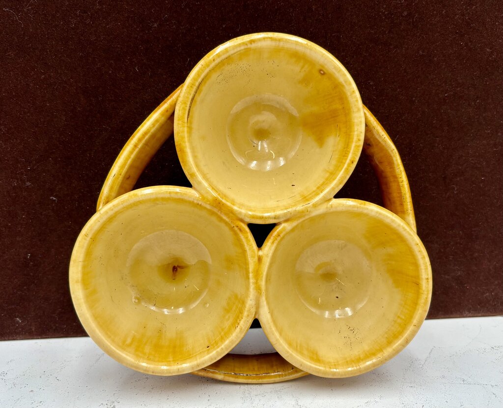 Romancing Provence France Ceramic Yellow Drip Glazed Triple Cup Sauce Condiment Caddy