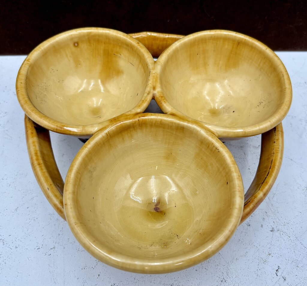 Romancing Provence France Ceramic Yellow Drip Glazed Triple Cup Sauce Condiment Caddy