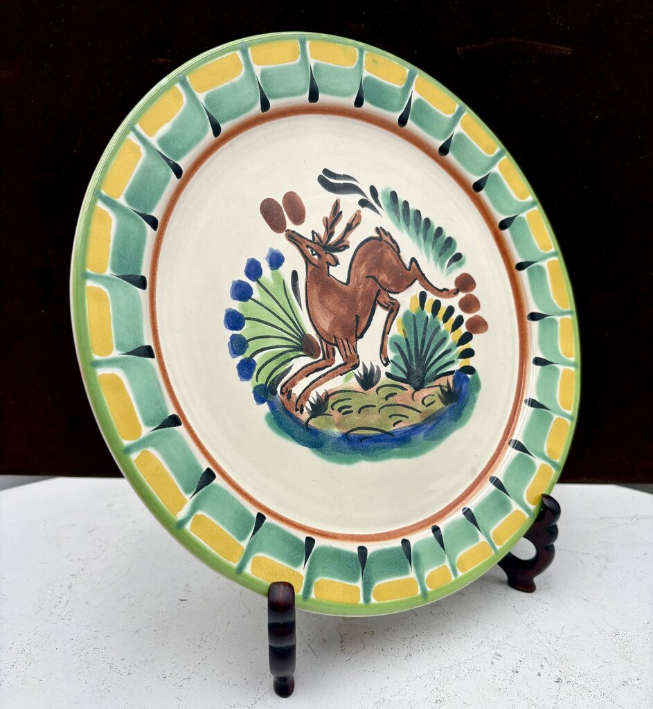 Gorky Gonzalez Mexican Talavera Majolica Leaping Deer Plate 10"