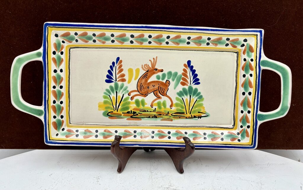 Gorky Gonzalez Mexican Talavera Majolica Leaping Deer 2 Handled Serving Tray15"