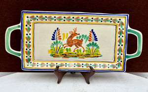 Gorky Gonzalez Mexican Talavera Majolica Leaping Deer 2 Handled Serving Tray15"