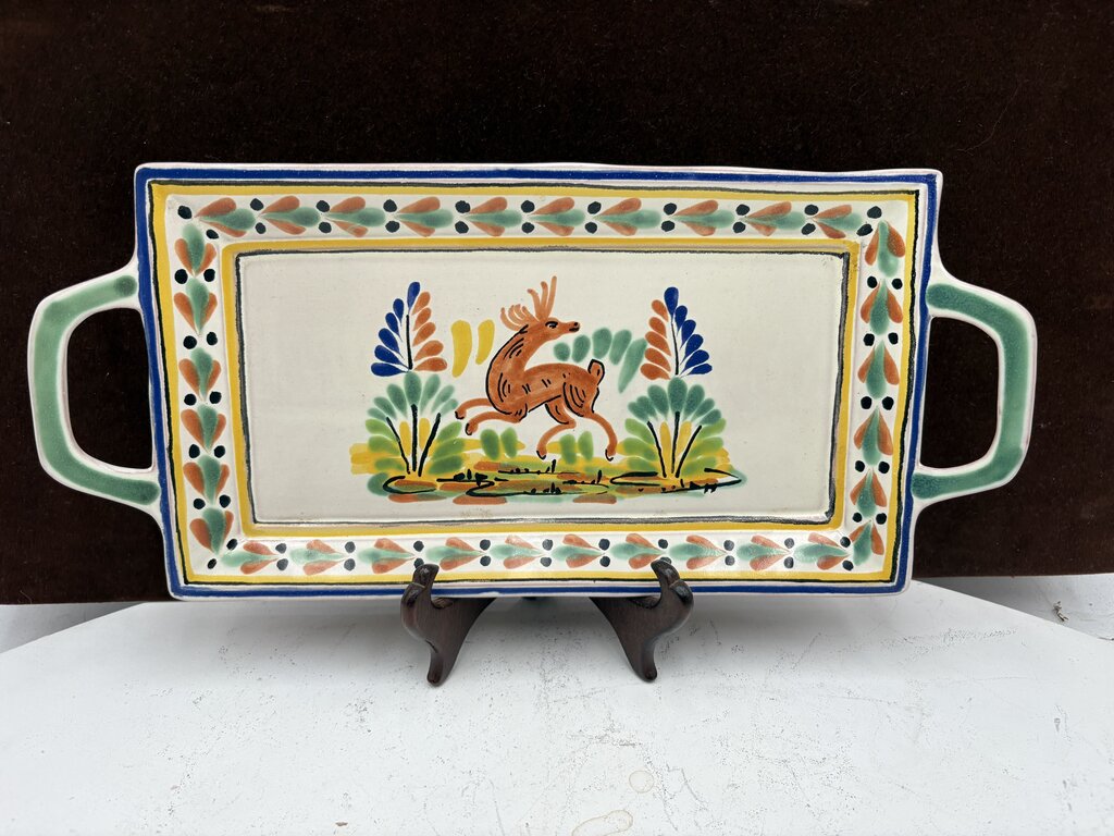 Gorky Gonzalez Mexican Talavera Majolica Leaping Deer 2 Handled Serving Tray15"