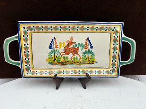 Gorky Gonzalez Mexican Talavera Majolica Leaping Deer 2 Handled Serving Tray15"