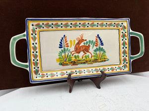 Gorky Gonzalez Mexican Talavera Majolica Leaping Deer 2 Handled Serving Tray15"