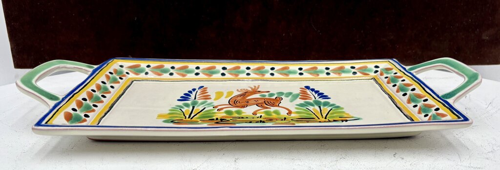 Gorky Gonzalez Mexican Talavera Majolica Leaping Deer 2 Handled Serving Tray15"