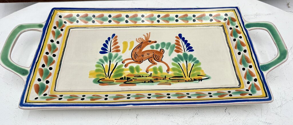 Gorky Gonzalez Mexican Talavera Majolica Leaping Deer 2 Handled Serving Tray15"