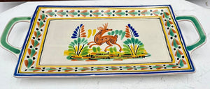 Gorky Gonzalez Mexican Talavera Majolica Leaping Deer 2 Handled Serving Tray15"