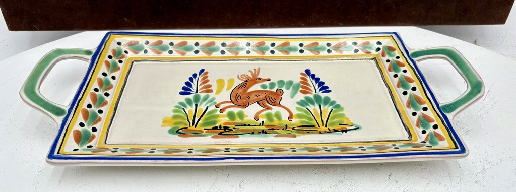 Gorky Gonzalez Mexican Talavera Majolica Leaping Deer 2 Handled Serving Tray15"