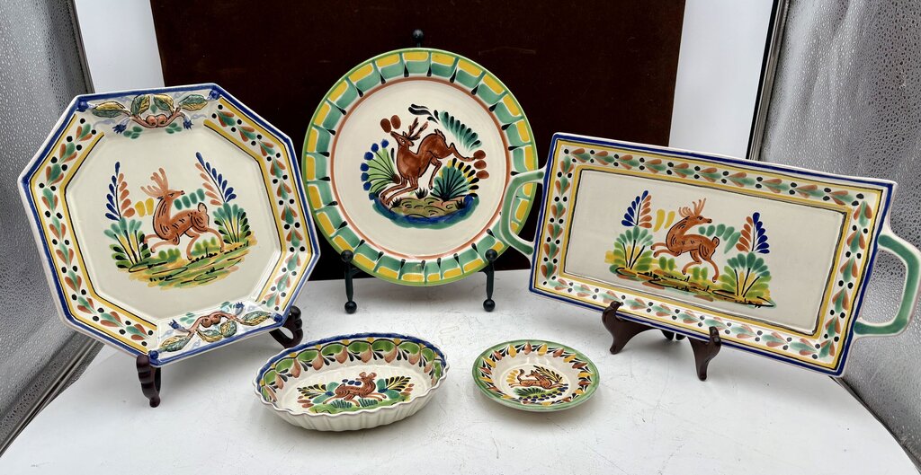 Gorky Gonzalez Mexican Talavera Majolica Leaping Deer 2 Handled Serving Tray15"
