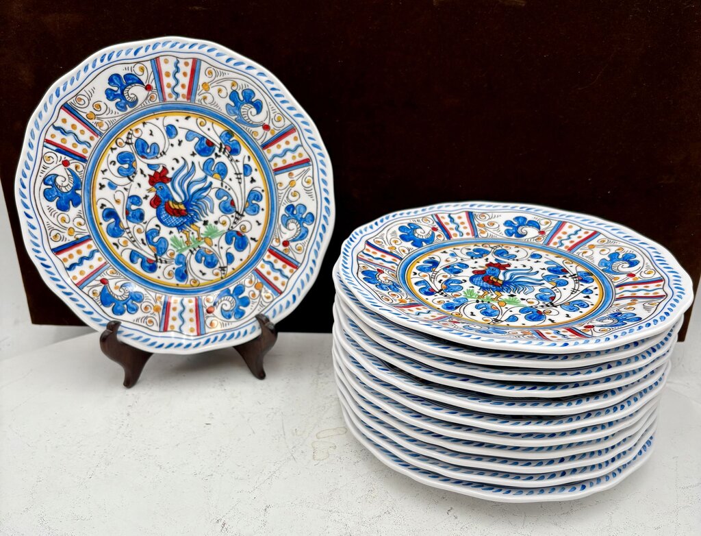 Le Cadeaux Melamine Italian Style Blue Rooster Scalloped Edge Luncheon Plate 9" (12Pcs)
