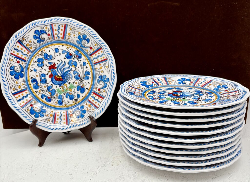 Le Cadeaux Melamine Italian Style Blue Rooster Scalloped Edge Luncheon Plate 9" (12Pcs)