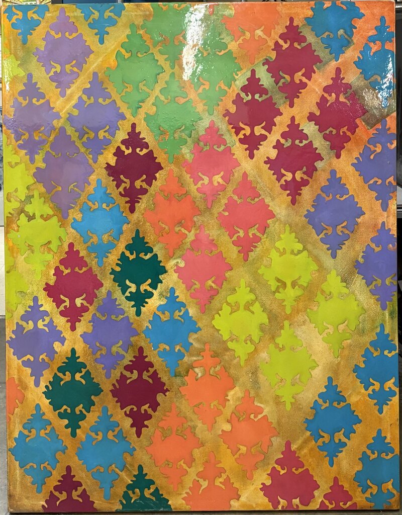 Kim L. Kurdish Style Pattern Clear Coated Oil on Canvas Painting 2010