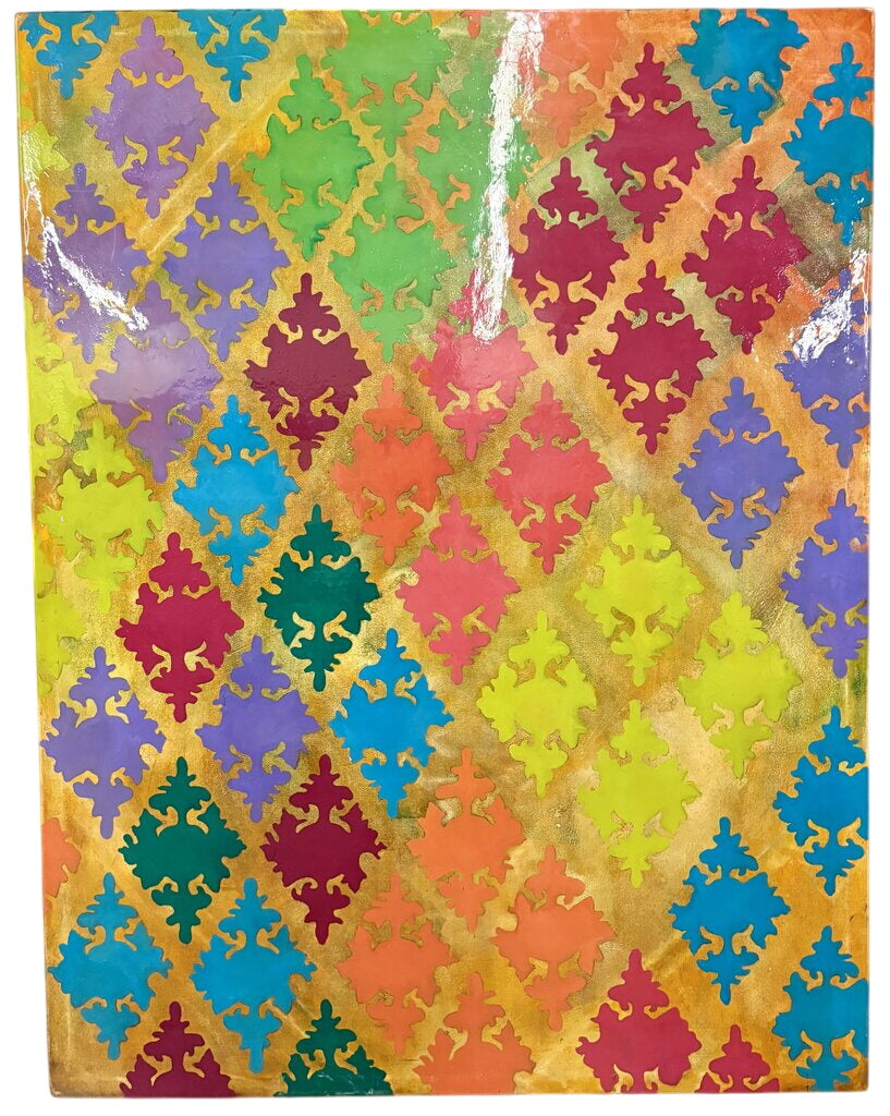 Kim L. Kurdish Style Pattern Clear Coated Oil on Canvas Painting 2010 by Miss Daisy's Consignment & Auction House
