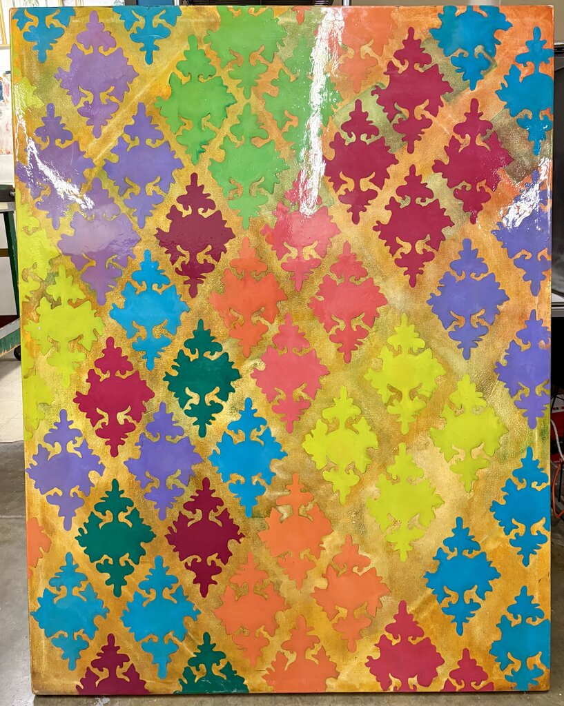 Kim L. Kurdish Style Pattern Clear Coated Oil on Canvas Painting 2010