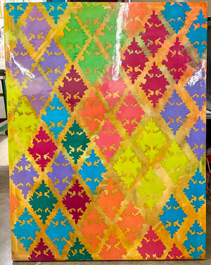 Kim L. Kurdish Style Pattern Clear Coated Oil on Canvas Painting 2010